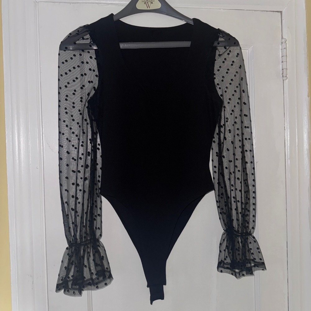 Black Bodysuit with Sheer Polka Dot Sleeves Sz. M